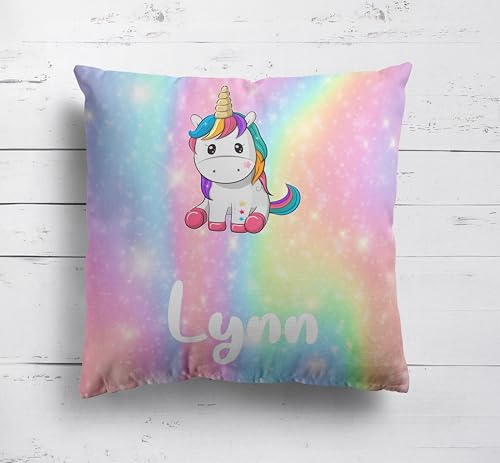 GIFTIMIZED Personalised Custom Name Multi Colour Rainbow Unicorn Kids Cushion Throw Pillow Cover With Filling Option | Machine Washable | Super Soft | Made in UK | Multiple Sizes