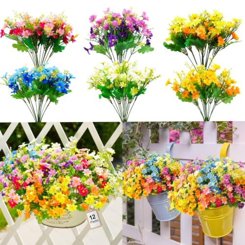 Juertime 12 Bundles Daisy Artificial Flowers for Outdoor & Indoor | Mixed 6 Colors, UV Resistant Fade Proof, Faux Silk Flowers Fake Plants for Vase, Garden, Grave, Home Decoration