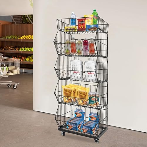 DXBJKSL Market Shelf 5 Tier Wire Grid Candy Merchandise Display Rack Stand with Wheels Retail Fruit Vegetable Snack Basket (Black-48 * 45 * 140cm)