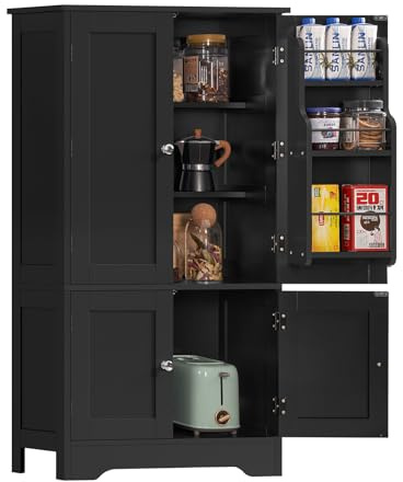 TEENFON Storage Cabinet with 4 Doors, Kitchen Cabinet with 6 Door Shelves, Kitchen Pantry for Living Room, Dining Room, Bathroom, Black