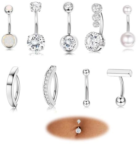 HABNI Piercing Ombligo 9 Piezas Plata 14G Acero Quirúrgico Cz Perla Clicker 10Mm 12Mm Para Mujeres