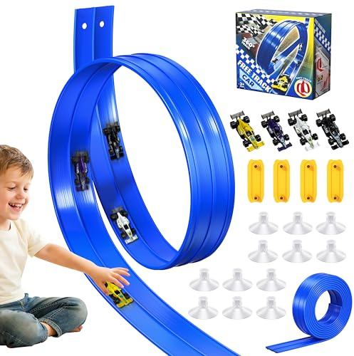 Flexible Rennbahn Kinder, 5 Meter Flexible Autorennbahn mit 4 Spielzeugautos 12 Saugnäpfe und 4 Zubehörteilen, Rennbahn Auto Spielzeug, Dual Rennstrecke Rampen für Jungen und Mädchen ab 3 Jahren