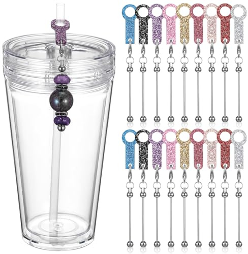 Tondiamo 18pcs Beadable Glitter Straw Charm Colorful DIY Beaded Straw Toppers Blank Bar Adapters Pendant Ornament Acrylic Cup Accessories Tumbler Decorations Jewelry Gift Making
