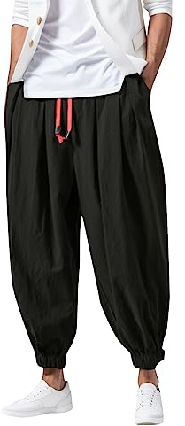 Generico Pantaloni Giapponesi Uomo Leggeri Baggy Harem Pants Larghi Casual Pantaloni Lino Uomo Estivo Traspirante Pantalone Estivi Lunghi in Cotone e Lino da Yoga e Spiaggia