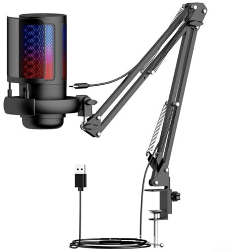 Microfono USB, cavo da 1,8 m, microfono a condensatore cardioide con controllo del guadagno, riduzione del rumore, luce RGB per streaming di giochi su PC e laptop, (nero)