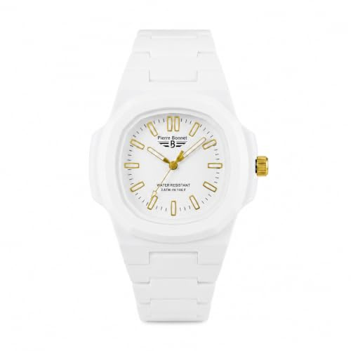 Pierre Bonnet Orologio 9276 Unisex in Policarbonato – Stile Moderno Design Iconico, Movimento al Quarzo, Deployante, Resistente all’Acqua Colorato Casual Sportivo (Bianco/Oro)