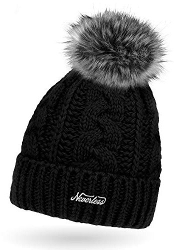 Neverless® Damen Wintermütze mit Fleece Gefüttert Warm & Winddicht Strickmütze Bommelmütze Model 1980 Schwarz Unisize