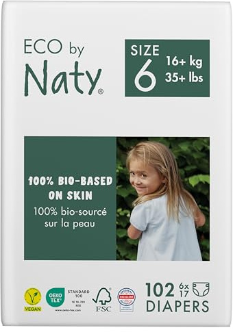 Eco by Naty ekologiska babyblöjor - växtbaserade miljövänliga eko blöjor, bra för känslig babyhud och förhindrar läckage (Storlek 6, 102 stycken)