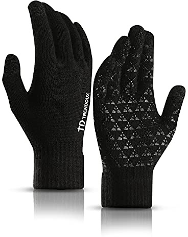 TRENDOUX Gloves Men, Thermal Glove Touch Screen for Unisex - Riding Typing - Anti-slip Grip - Wool Lined - Elastic Material - Windproof Thin Warm for Driving Outdoor Running - Black - L