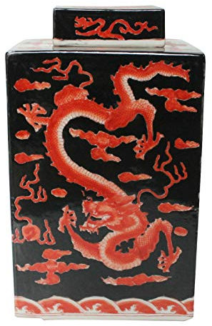 Fine Asianliving Pot à Gingembre Chinois Dragon Rouge et Noir Peint à la Main L18xP18xH34cm Chinois Vase avec Couvercle Asiatique Jingdezhen Mandarin Décorative
