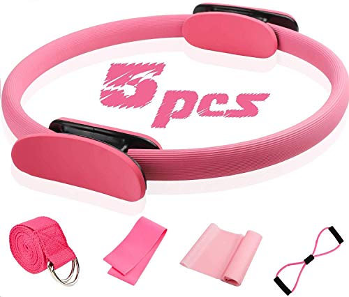 JEENIN 5 Stück Pilates Ring Set 14 Yoga Fitness Magic Circle Pilates Ausrüstung für Heimtraining Fitness-Kit (Pink)