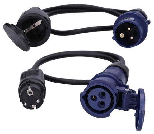Voxura CEE-Adapterleitung Schutzkontaktkupplung Schuko Stecker Set Schutzkappe Caravan Wohnmobil Zubehör 3-polig 230V 16A H07RN-F 3x1,5 IP44 1m