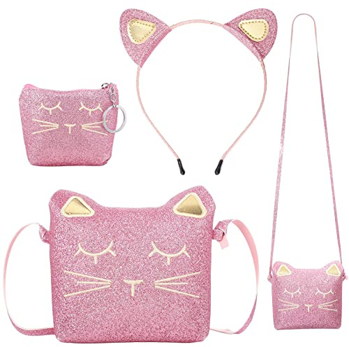 Weewooday 3 Stück Katze Umhängetasche Geldbörsen Stirnband für Mädchen, Süße Handtaschen Katzen Handtasche mit Mini Geldbörse Katzen Stirnband für Kleines Mädchen Geburtstag Kindertag (Glitzer Rosa)