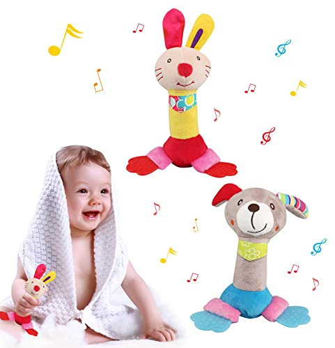 BelleStyle 2 Stück Baby Rassel 0-12 Monate, Greifling zum Rasseln Quietschen Fühlen Spielen, Baby Rasseln Spielzeug, Knisterspielzeug Baby, Rassel Babyspielzeug Geschenk für 0-12 Monate