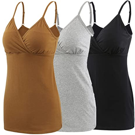 COLOMI Amningslinne för moderskap undertröjor för gravida kvinnor bh för amning basic camisole, Svart + grå + olive/3-pack, L