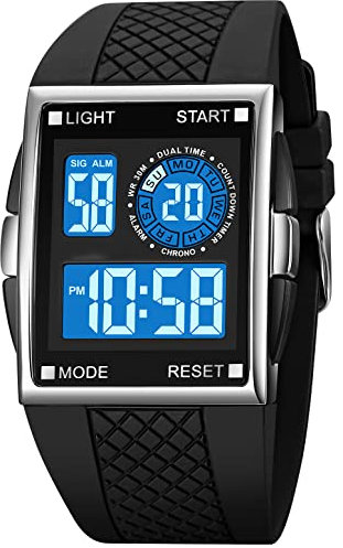 PASOY Orologio da polso digitale unisex retroilluminato da uomo e donna e ragazzi con allarme quadrato LED cinturino in gomma nera sport all'aperto impermeabile, Quadrante bianco B, all'aperto