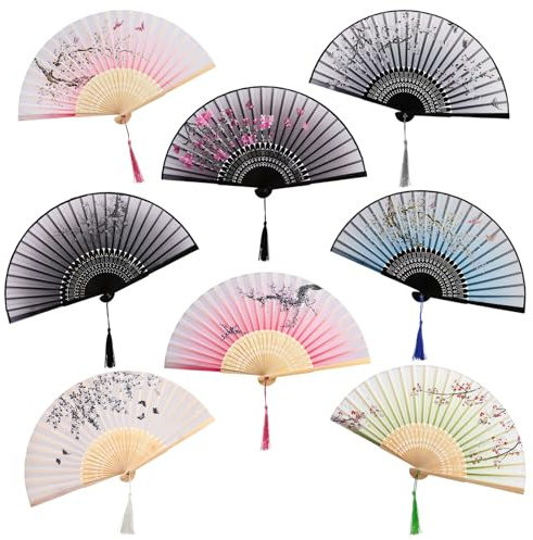 AVLA 8 Pack Folding Fans, Silk Fabric Bamboo Handheld Fans with Tassel, Floral Blossom Hand Holding Fans for Women, Wedding, Dancing Party, Gift, Cosplay, Wall Decoration, Chinese Vintage Retro Style