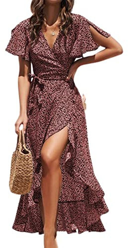 CUPSHE Damen Sommerkleid V Ausschnitt Kurzarm High Low Rüschen Wickelkleid
