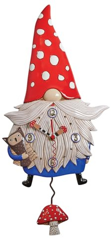 Enesco Allen Designs Wren The Gnome Holding an Owl Sculpted Pendulum Wall Clock, 14.96 Inch, Multicolor