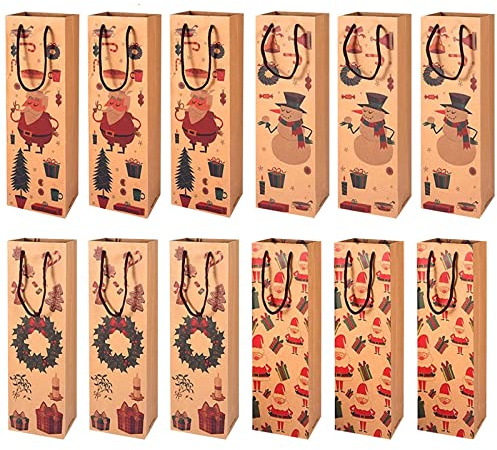 12 stycken presentpåsar flaskpåsar 36 × 13 × 8 cm, premium jul vinpåsar, kraftpappersflaskor påsar presentpåsar med handtag med dragsko för vinflaskor förpackning, b, 1 stück (12er Pack), flaskpåsar