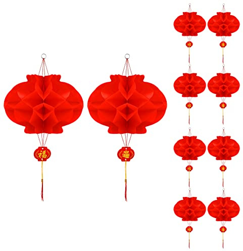 TOYMIS 10 Piezas 40 x 20cm Linternas Chinas Rojas, Farolillos de Papel con Decoraciones de Personajes Fu Decoración el Año Nuevo Chino Decoración de la Fiesta del Festival de Primavera