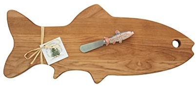 Solid Alder Fish Shaped Serving Board (18 x 8) with Cheese Spreader Knife (Large with Salmon Spreader)