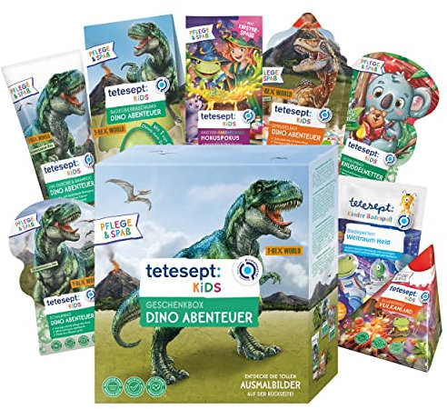 tetesept Kids Geschenkbox Dino Abenteuer - Badezusatz Geschenkset mit Sprudelbad, Schaumbad, Badeüberraschung & Kinder Dusche, Badezusätze mit hautpflegender Rezeptur – 9er Set