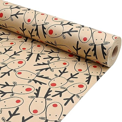 Christmas Wrapping Paper Roll,43cm *15m Brown Kraft Xmas Reindeer Gift Wrap