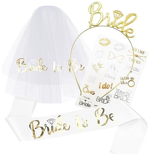TOPWAYS JGA Frauen Bride to Be Schärpe und Schleier Set, Junggesellenabschied Frauen Braut Accessoires Schleier Brautalarm für Bride to Be Deko Bachelorette Hen Party (Bride Gold+weiße Schärpe)