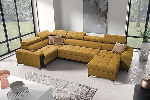 All4All Ecksofa mit Schlaffunktion Gonti IV 359x201 cm - Schlafsofa mit Bettkasten - Sofa in U-Form - Wohnlandschaft XXL Sofa - Eckcouch Groß - Seite Rechts - Gelb - Gewebe - Modern 26