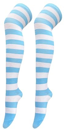 Bestjybt Women Striped Thigh High Socks Over Knee Socks Knee High Costume Stockings Leg Warmers (White+Light Blue)