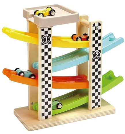 Pista Auto da Corsa in Legno, Kikuo Piste a Zig-Zag con 4 Macchinine, Senza BPA, Click Clack Track Giocattoli, Pista Macchinine 2 Anni Bambino, Resistente e Sicura Giocattoli di Legno