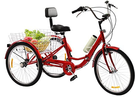 Quiltern Dreirad für Erwachsene 24 Zoll Klappbar, 3 Räder Adult Fahrrad 7 Gang Mit LED Licht Gemüsekorb，für Männer, Frauen und ältere Menschen (Rot)