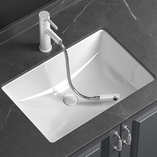 Undercounter bathroom ceramic sink with pull-out faucet, square white ceramic wash basin, recessed balcony washbasin, recessed laundry sink, fired at 1280°C, suitable for bathrooms, balconies, etc. (
