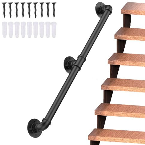 Magtclyae Main Courante pour Escalier Exterieur Intérieur Rampe Escalier Intérieur 2M / 6.6FT Tuyau en Acier Galvanisé Industriel Antidérapant Support Mural Poignée Rambarde de Sécurité,Noir