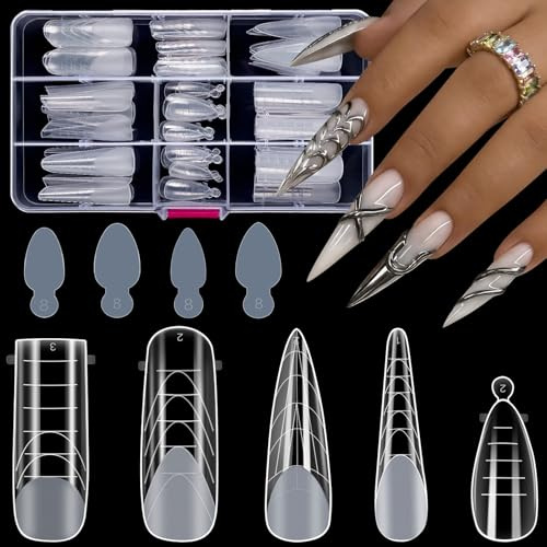 MELLIEX 120 Pièces Faux Ongles Conseils de Extension 12 Tailles 5 Formes Transparents Capsule Ongles Avec 48 Film à Ongles Autocollants pour Manucure Française de Nail Art