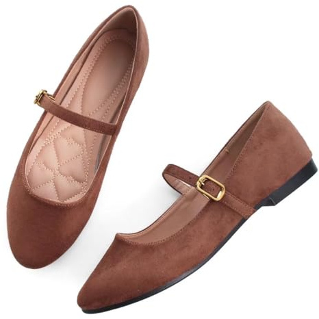 TN TANGNEST Womens Suede Flats Comfortable Round Toe Slip On Ballet Flats Retro Dress Mary Jane Flats Brown 38(6.5)