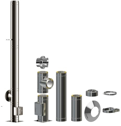 Edelstahlschornstein Bausatz doppelwandig | 0,5mm Wandung | 30mm Dämmung | DN 120mm gestreckte Länge 3,2m| Esse Schlot Kamin