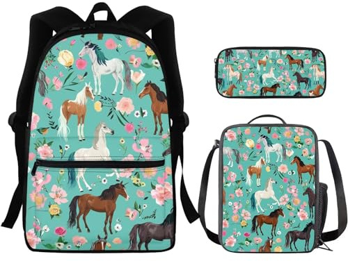 Flashideas Ensemble sac à dos d'école 3 pièces pour enfants avec boîte à déjeuner, trousse à crayons, cheval déchiqueté, sac à livres pour tout-petits, école primaire, garçons et filles