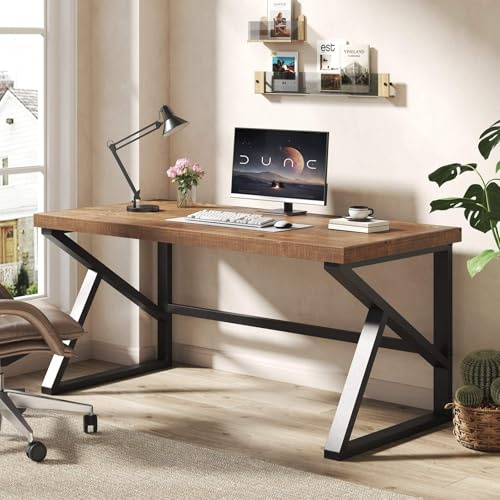 IBF Real Wood Computer Desk 152cm, Rustic Home Office Desk, Vintage Wooden Study Table, Solid Wood Metal Home Workstation for Writing, Gaming, Work, Brown