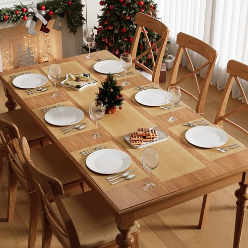 Famibay Tischläufer und Platzsets Weihnachten Platzdeckchen Abwaschbar 6er Set Tischläufer 180cm Lang Gold Platzsets Hitzebeständig TischLäufer Weihnachten für Küche Zuhause Speisetisch