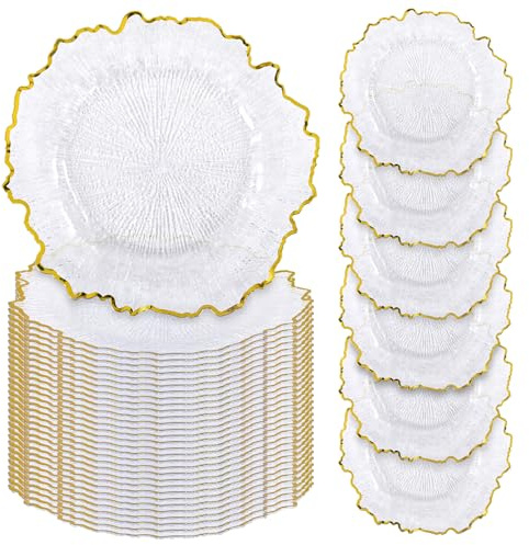 REWOMC 50 Pcs Clear Charger Plates Bulk, 13 Reef Acrylic Plate Chargers for Dinner Plates, Floral Decorative for Table Setting, Round Table Chargers for Wedding, Christmas, Party, Event, Decoration