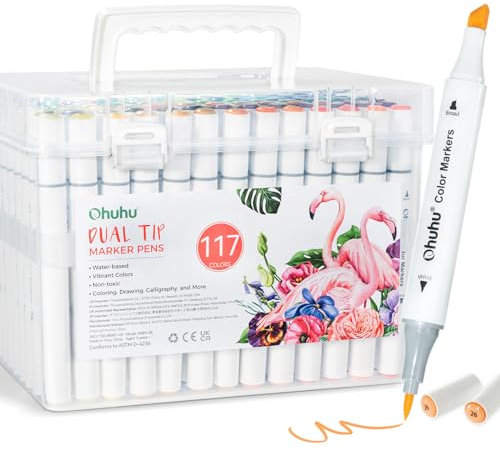 Ohuhu 117 Farben Marker auf Wasserbasis, Filzstifte mit Doppelter Spitze (6,5 & 1-2mm) für Erwachsenen Studenten für Comics Skizzieren Kalligraphieren Zeichnen, Geruchlos