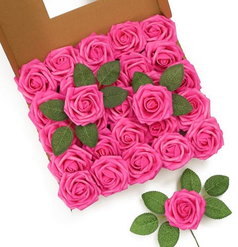 LEUCHTAMOR 25Pcs Artificial Roses Flowers Hot Pink Fake Rose Real Touch Foam Roses Heads for Wedding Bridal Bouquets Centerpieces Floral Arrangement Party Home Decoration