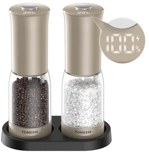 TOMEEM Salz und Pfeffermühlen Elektrisch Set, Gewürzmühle Elektrisch Batteriestandsanzeige, USB Wiederaufladbarer, Einstellbare Grobheit Keramikmahlwerk, 125ml große Kapazität (khaki)