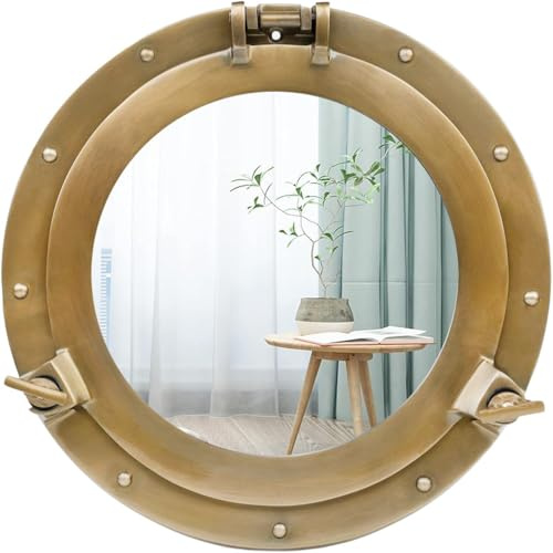Home Dress Espejo y Ventana de Ojo de Buey de Aluminio para Barcos – Espejo de Pared Redondo náutico con Marco Duradero para baño, Sala de Estar y Uso al Aire Libre (Golden, Mirror, 24 Inch)