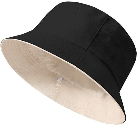 Xnova Fischerhut Damen Reversibel, Bucket Hats Baumwolle Faltbarer Anglerhut mit Breiter Krempe, Beidseitigen UV-Schutz Sonnenhüte Unisex Sommer Hüte Reisezubehör (Schwarz-Beige, XL:64-66cm)