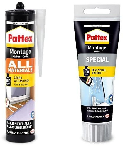 Bundle aus Pattex Montagekleber All Materials 450g + Pattex Montagekleber Special 80g, stark haftender Alleskleber für saugende und nichtsaugende Materialien, innen & außen, transparent