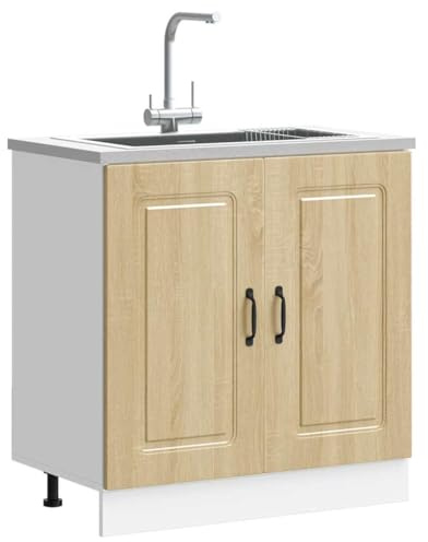 Rantry Mobile Base lavello Kalmar Rovere Sonoma 80x46x81,5 cm, Credenza Armadio da Cucina, Mobiletto Portaoggetti Ripiani Salvaspazio Mobiletto Armadio di Stoccaggio per Soggiorno Camera Ufficio