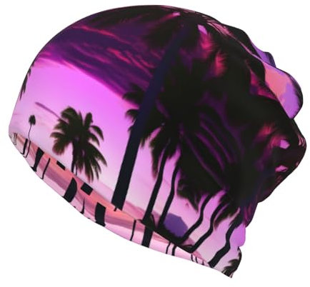 Palm Tree Purple Sunset Print Ponytail Beanie for Women,Winter Beanie Hat Face Mask Covering Neck Gaiter for Cold Weather